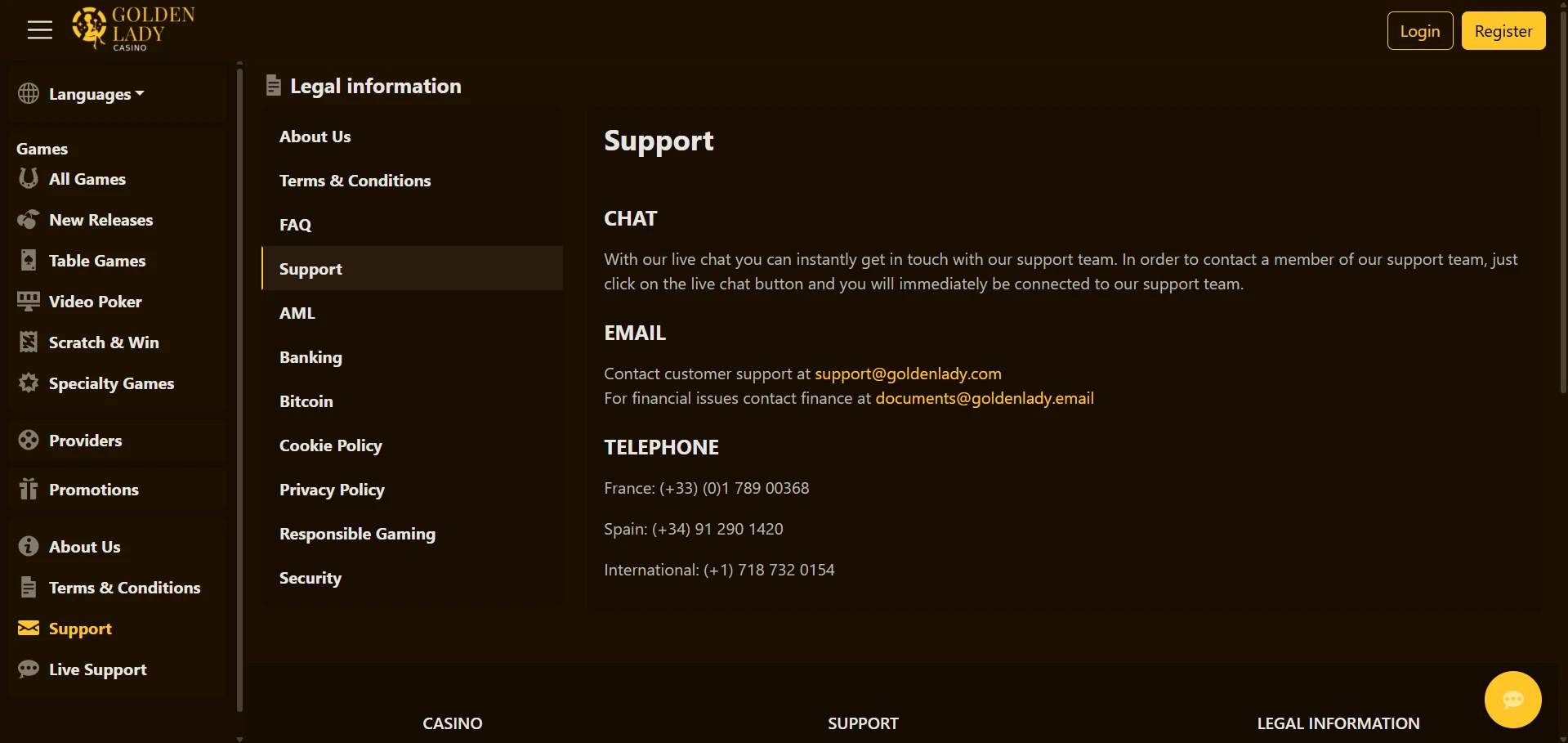Golden Lady Casino contact options with live chat