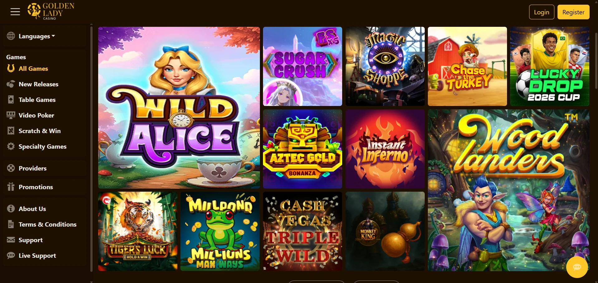 Golden Lady Casino games lobby with pokies thumbnails